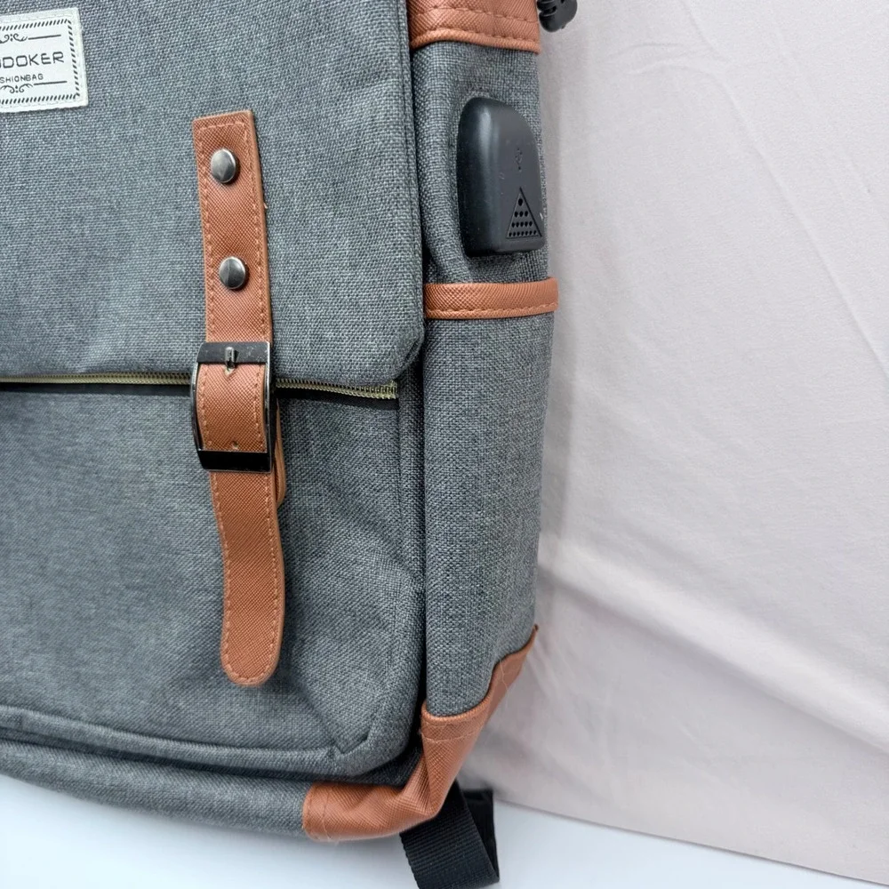 Modoker Vintage Laptop Backpack Grey Brown USB Charging Port Rucksack 15.6 Inch